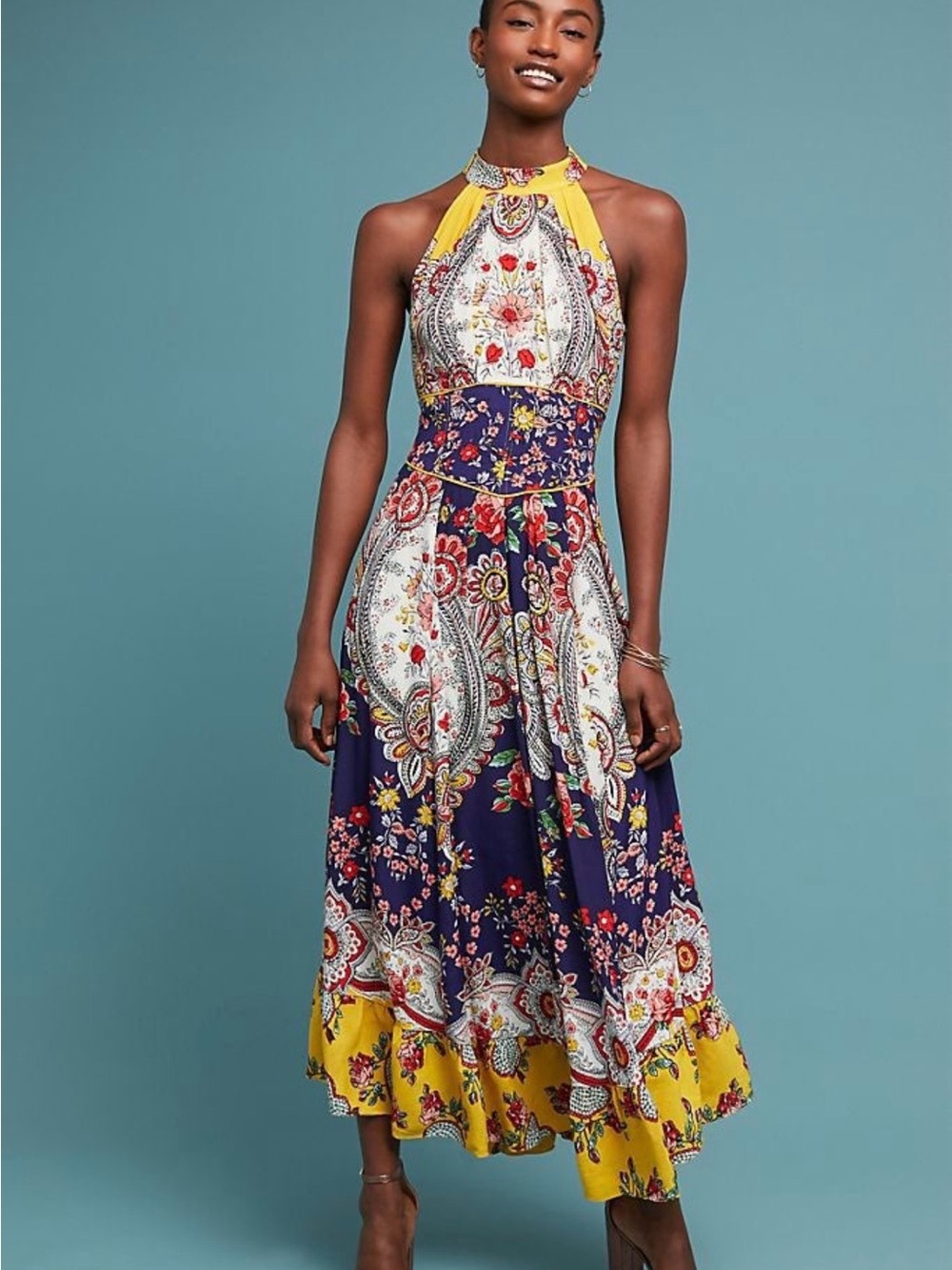 Maeve Navy and Yellow Paisley Halter Midi Dress